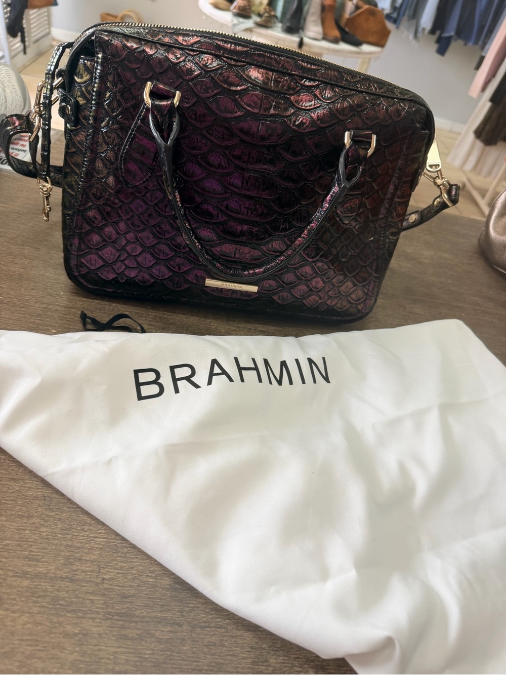 Brahmin Micaela Croc-Embossed Satchel in Purple Passion